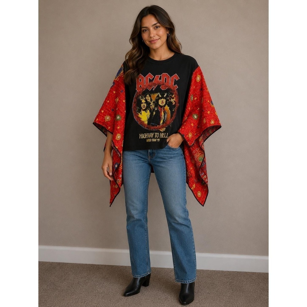 AC/DC Highway To Hell Upcycled Kantha Quilt Kimono Band Tee Top Black Red O/S
